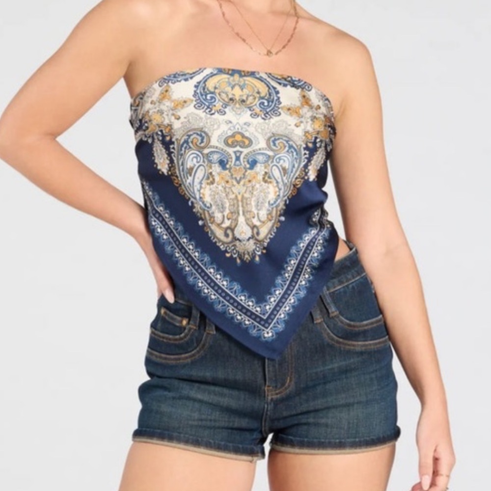 Cotton Candy LA Navy Paisley Tie Back Crop Top
